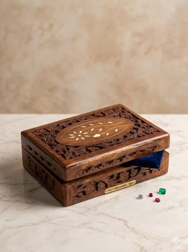 Handcrafted Wooden Jewellery Box with Floral Carving