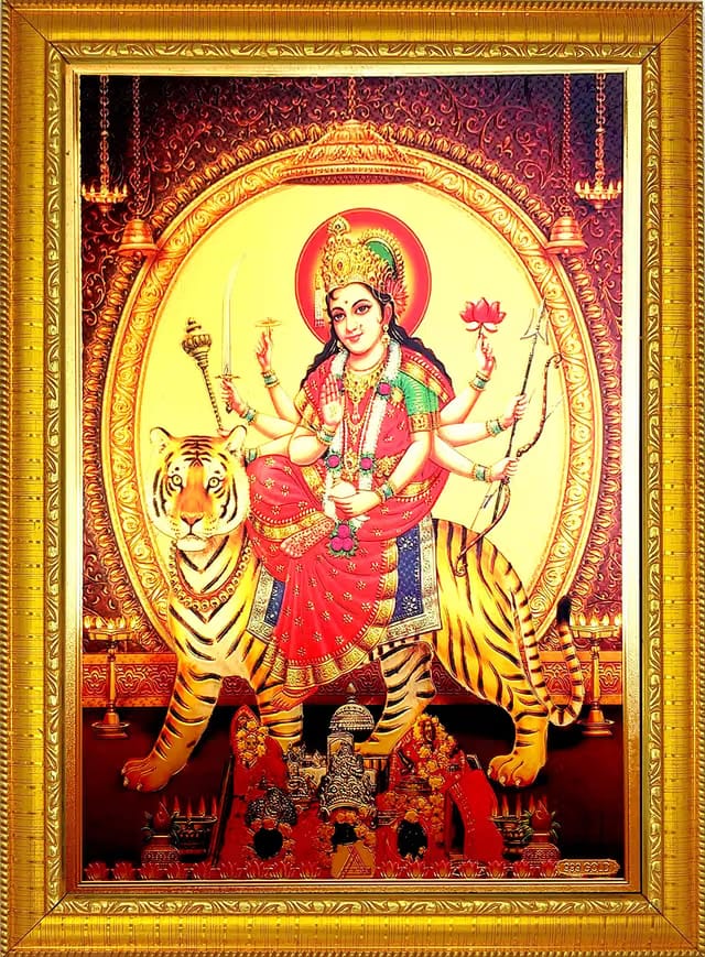 ADA Handicraft Maa Sherawali With Tiger Mata Durga Bhavani Wood Wall And Pooja Photo Frame (35 x 25 cm, Multicolour)