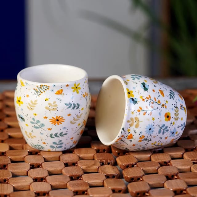 Hand-Painted Ceramic Sun-Floral Art kulhad Set of 2 Cups |kullad Tea Set