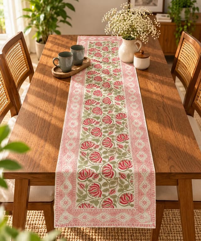 Red Floral Hand Block Print Cotton Table Runner, 16x60 inch