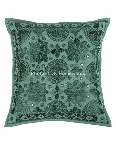 Jaipuri Cotton Couch Sofa Cushion Cover 16x16 Silk Thread Mirror Embroidered Square Cushions Pillow Cover 16 by 16 Dark