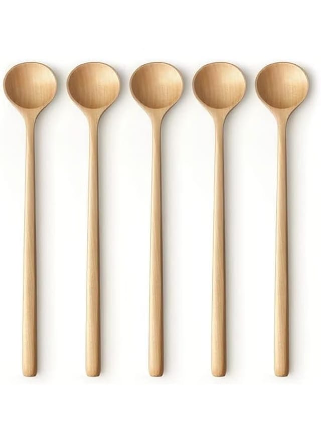 BALLADCRAFT 5 Pieces Neem Wooden Spoon 10.9 inches Wood Long Handle Round Spoons for Soup Mixing Stirrer Kitchen