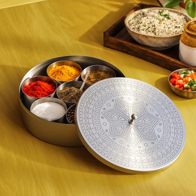 CÜRAA Stainless Steel Masala Dani | By Chef Sanjyot Keer | Masala Dabba for Kitchen with Spoon (Pure Steel