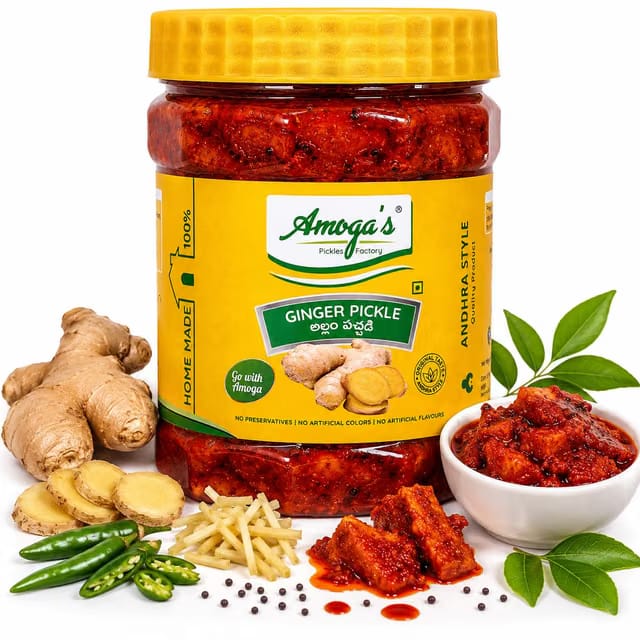 Amoga's Pickles Factory Andhra Authentic Ginger/Allam/adarak Pickle/Achar 100% Natural Handmade Pickles (500)