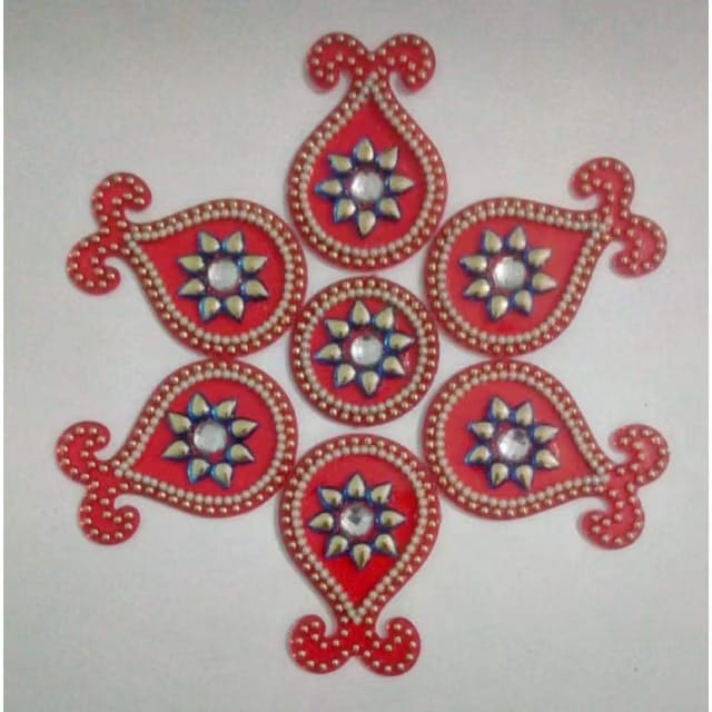 M.E Enterprises Handcrafted Decorative Acrylic Diya Diwali Re-arrangeable Kundan Rangoli for Floor Decoration (Red)