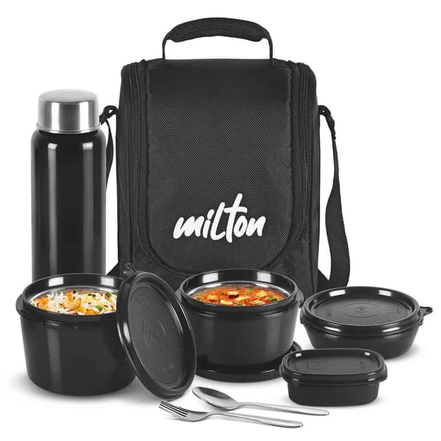 Pro Lunch Box (3 Inner Steel Containers, 1 Plastic Dabba, Bottle & Spoons) With Bag, Black