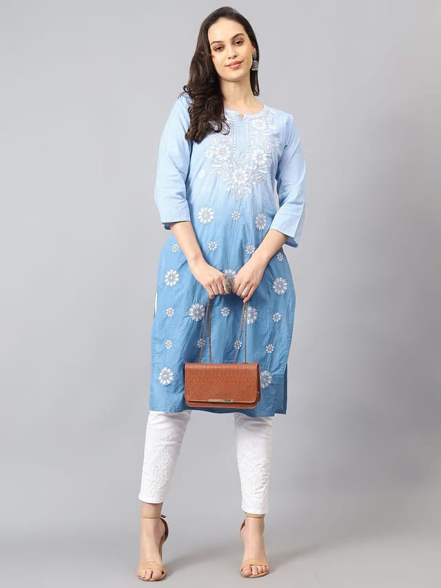 NAZAQAT ETHNIC INDIA Floral Embroidered Notch Neck Chikankari Cotton Straight Kurta