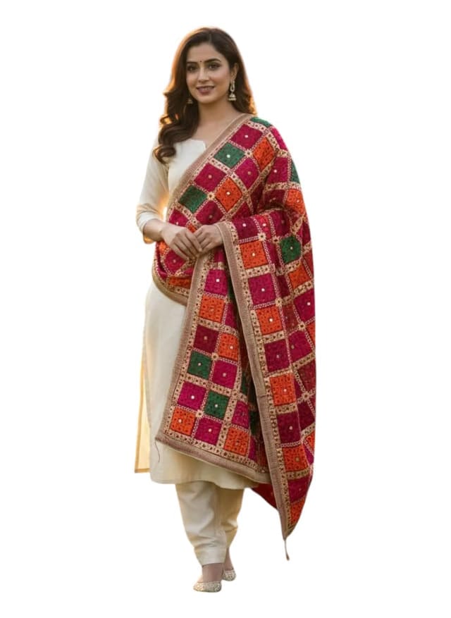 Traditional Punjabi Phulkari Dupatta, Multicolour Embroidered, Mirror Work, Diwali and Karwachauth Special