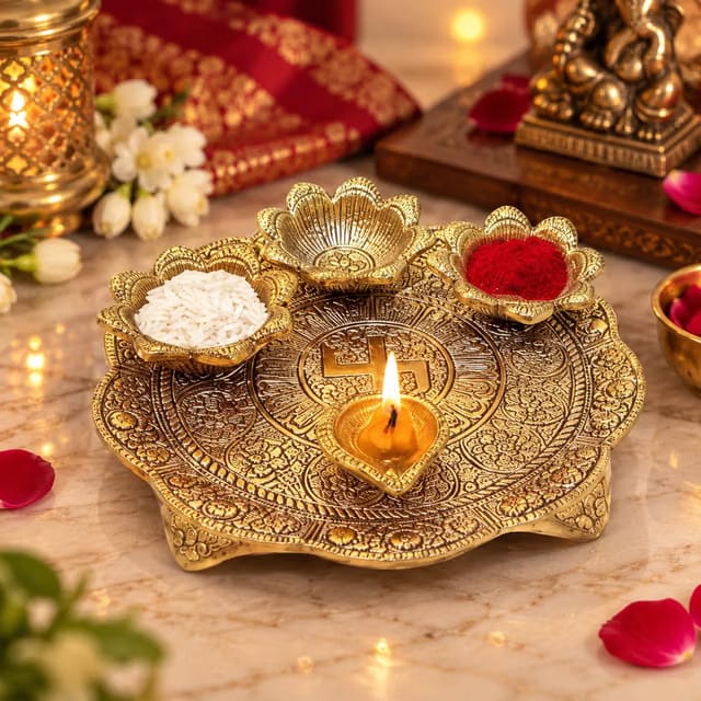 KridayKraft Metal Pooja Thali Set with Diya, 3 Bowls, 22 cm Golden Puja Plate for Home Mandir, Diwali, Navratri