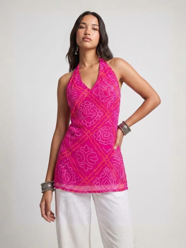 Rang Bandhani Halter Neck Corset Kurti
