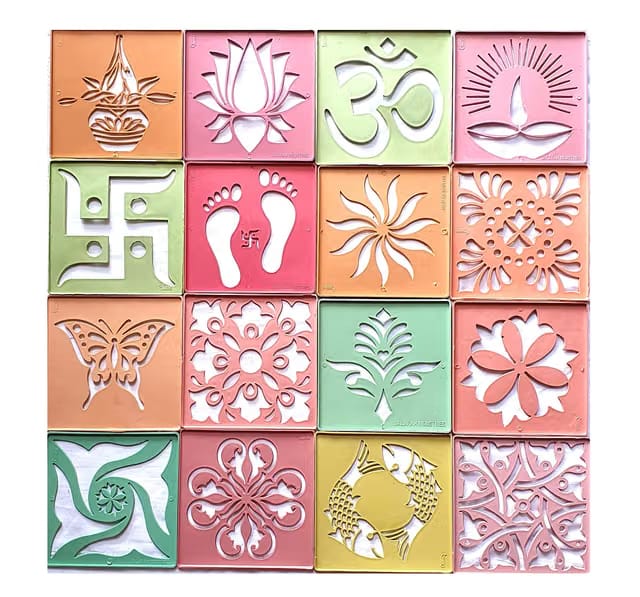 Ready to Draw Rangoli Making Stencils - Plastic Stencils for Floor Decoration (4x4 inches - Set of 16)