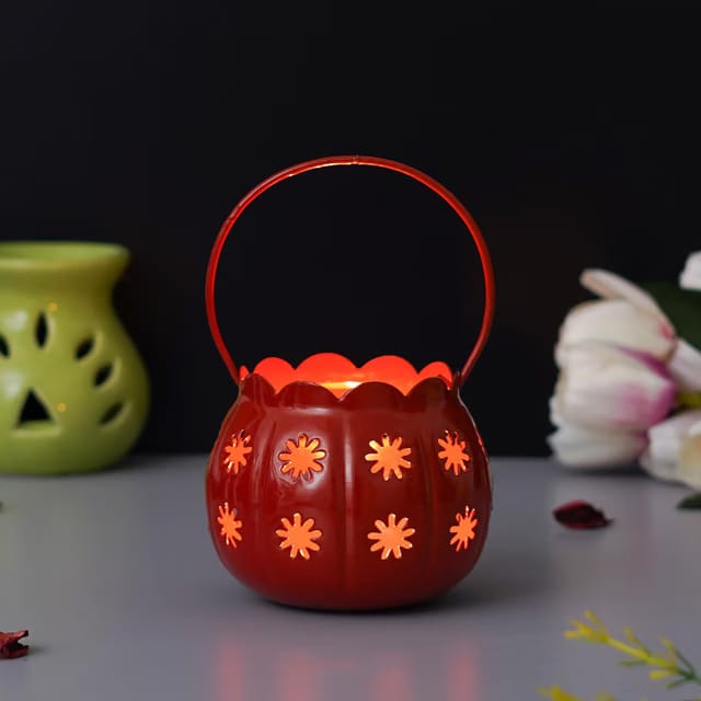 eCraftIndia Red Metal Cup Flowers Decorative Hanging Lanterns Tea Light Candle Holder- T Light Candle Holder