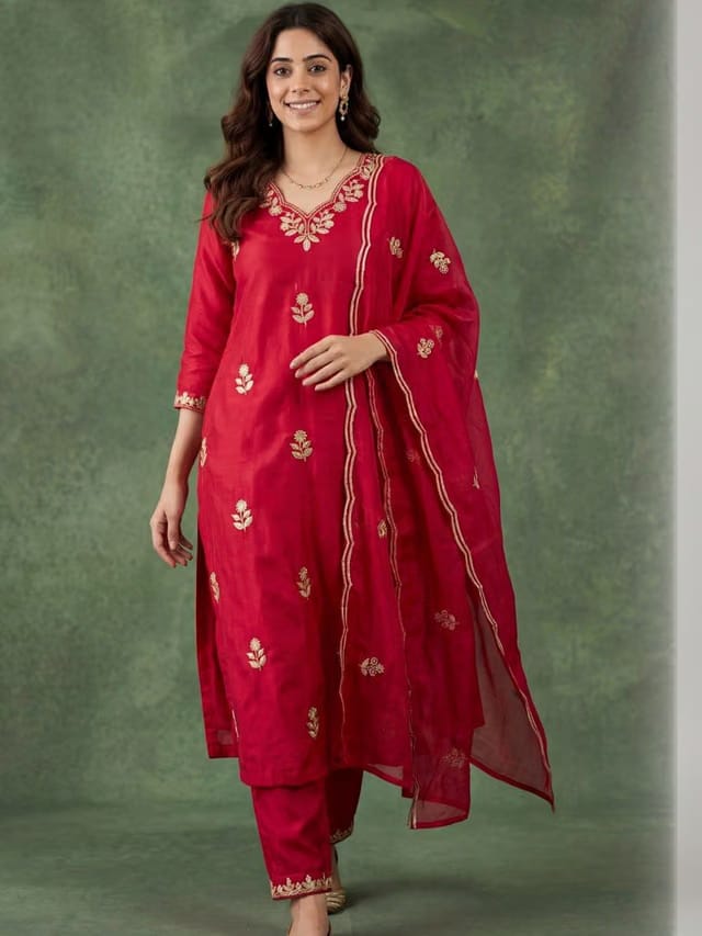 Women Ethnic Motifs Embroidered Regular Thread Work Kurta with Trousers & With Dupatta