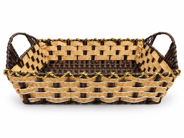 Natural Brown & Beige Handwoven Decorative Basket with Gold Accents