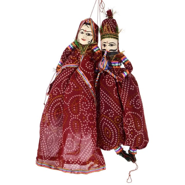 Rajasthani Handmade Colorful Fabric Wooden Face String,Kathputli/Puppet Pair for Home Décor
