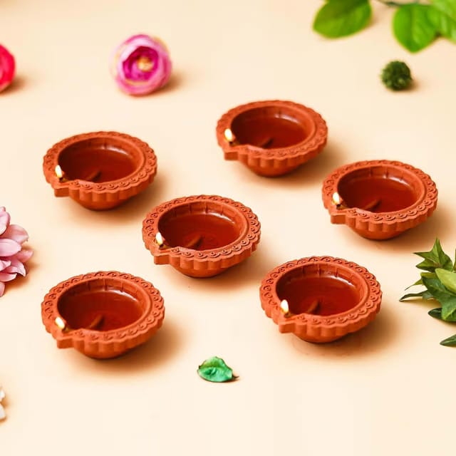 eCraftIndia Set of 6 Brown Decorative Clay Diyas Deepam Oil Lamps, Mitti Diya for Diwali, Lakshmi Puja, Navratri