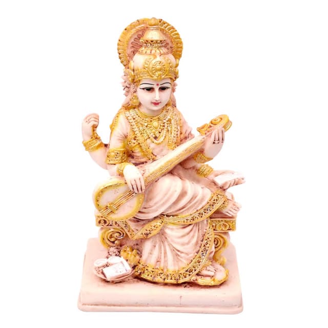 Goddess Saraswati Idol with Veena and Swan Maa Saraswati Murti for Home Temple Pooja Room Study Table Mandir Saraswati