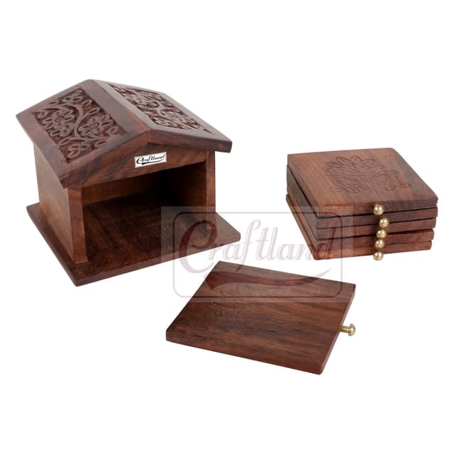 Craftland Wooden Handcrafted (Carved) hut Shaped Coaster Set of 6 for Kitchen/Dining Table Decorative Item for