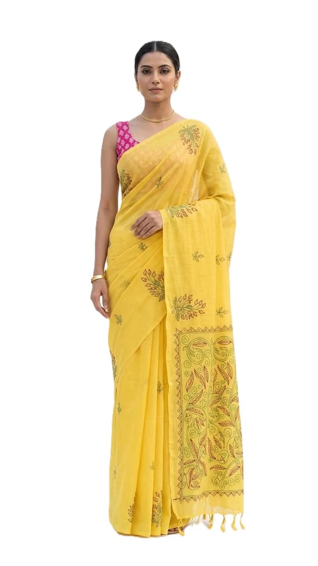 Pure Handmade Cotton Kantha Stitch Saree