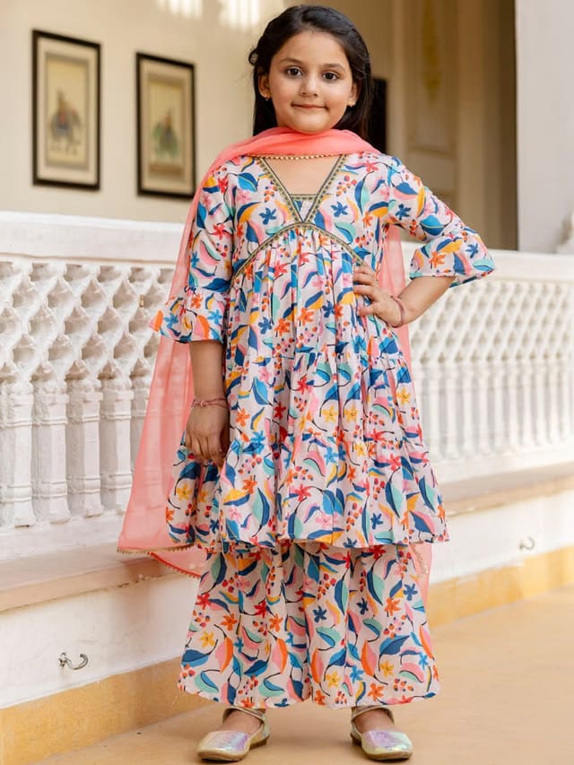 Girls Floral Printed Gotta Patti Anarkali Kurta With Sharara & Dupatta