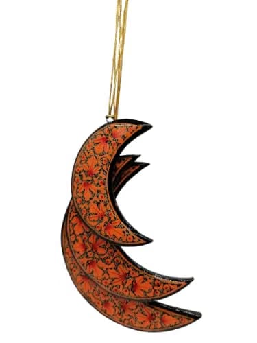 Papier Mache Hanging Moon Ornament Set [Orange], Ornaments w/Floral Design for Home Décor, Christmas Tree Decor