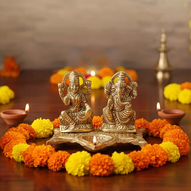 Pure Metal Lakshmi Ganesh Idol with Diya for Puja, Mandir & Diwali Decoration