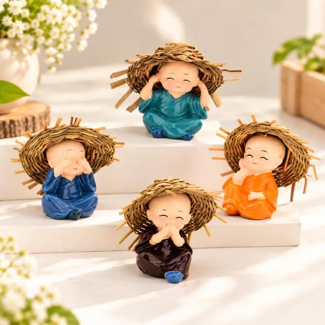 eCraftIndia Set of 4 Resin Buddha Monk Statue with Hat