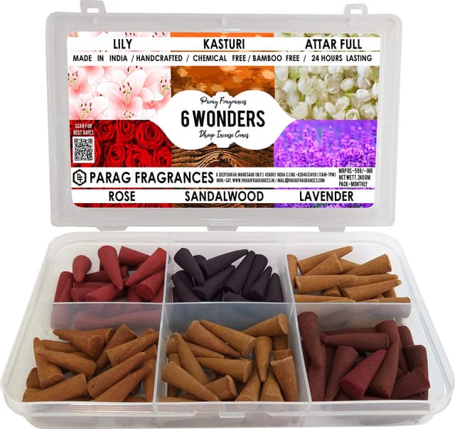 6 Wonders Premium Dhoop Cones (6 in 1) Rose/Lily/Lavender/Sandalwood/Kasturi/Attarfull (No Charcoal, No Bamboo