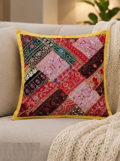 Handcrafted Jaipuri Elegant Embroidered Patch-Work Cushion Covers (16 X16) (40x40 cms) Set of 2 Cushion Covers