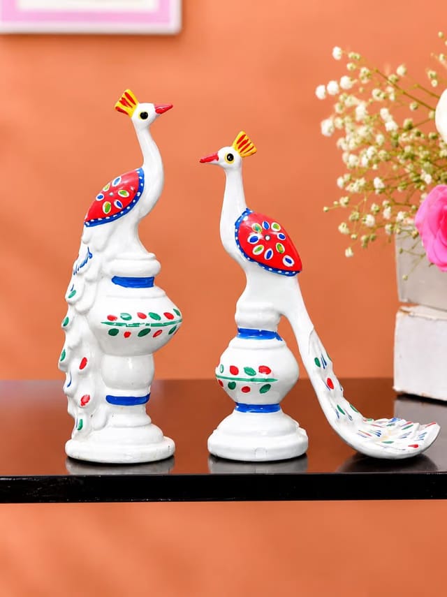 Rajasthani Hand Painted Peacock Showpiece Set, 2 Piece Decorative Peacock Figurines