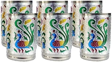 Rastogi Handicrafts Set of 6 Stain Less Steel Glass Indian Hand Made Meena Work Peacock Design Golden Silver Color
