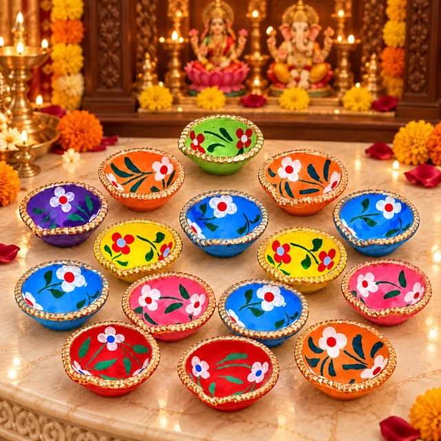 Colourful Handmade Diyas for Diwali Hand Painted Decorative Clay Mitti Diya Deepak Lanterns for Diwali Decoration