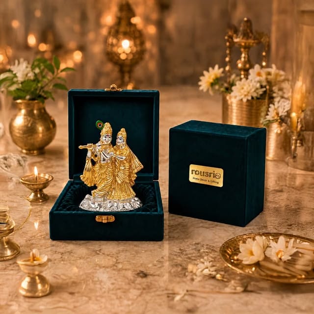 Radha Krishna Idol Gift Set (3.1" x 1.9", Silver & Golden)