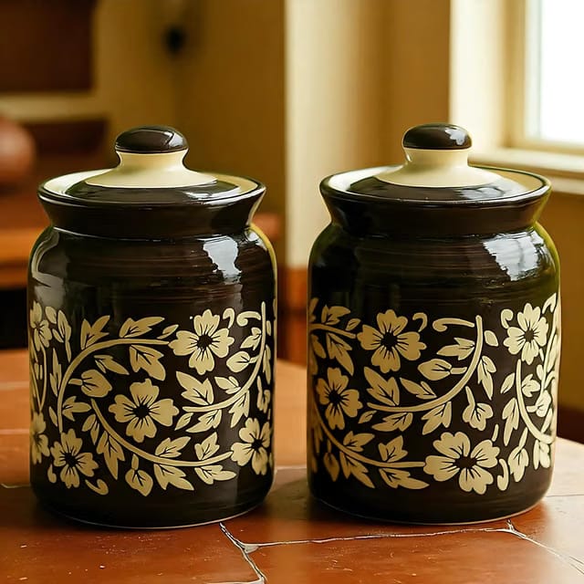 Floral Black Ceramic Handglazed Pickle Jars Set of 2-1000 ML Each