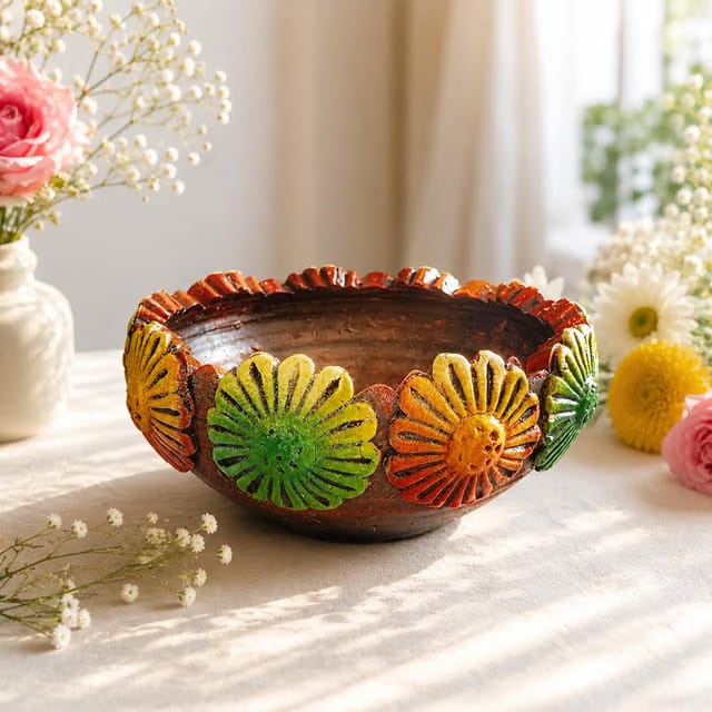 Niyara Handmade Earthenware Clay Decorative Bowl, Urli, Flower Pot (Medium)