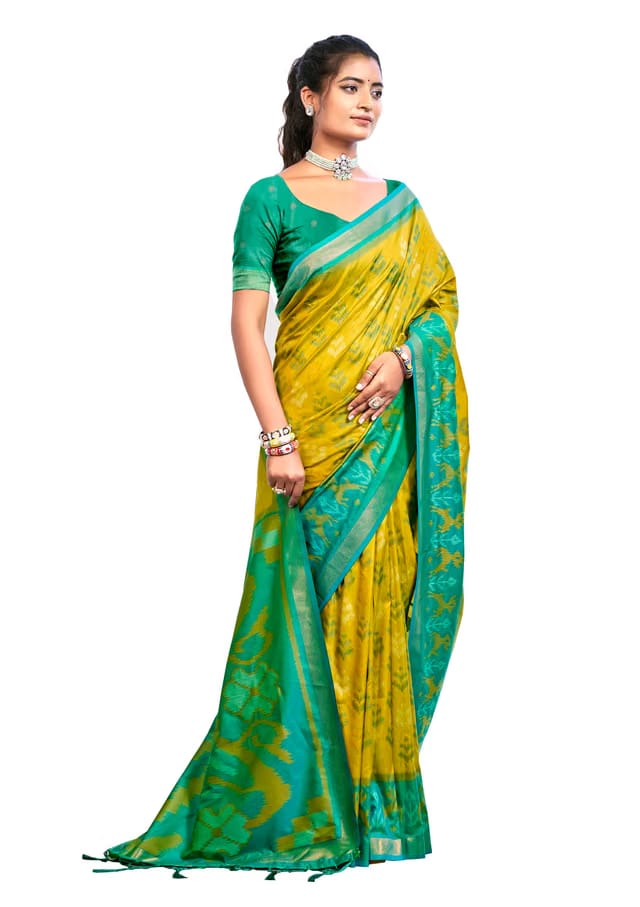 Pochampalli Soft Silk Saree with Ikat Pallu, crafted in premium silk. Perfect for weddings, parties, and festivals