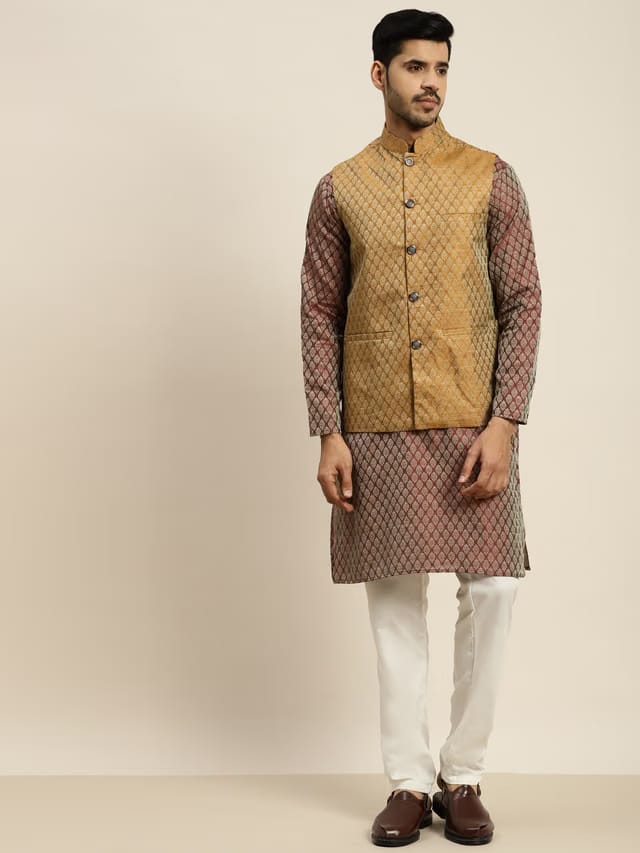 SOJANYA Men Maroon Ethnic Motifs Kurta with Pyjamas & Nehru Jacket