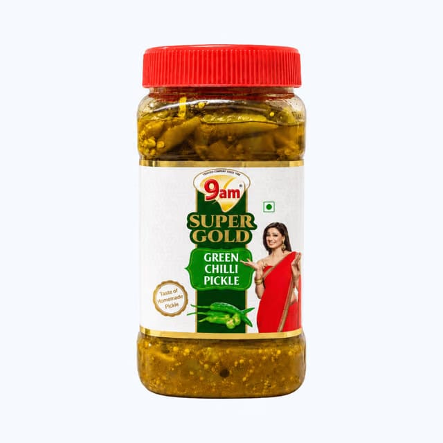 9am Super Gold Green Chilli Pickle, Spicy & Tangy Hari Mirch Achaar