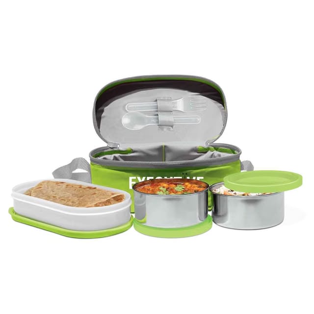 Executive Lunch Insulated Tiffin With 3 Leakproof Containers, Green