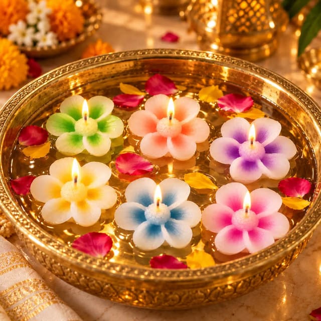Multicolour Flower Floating Candles Set of 6 for Diwali, Pooja, Festival