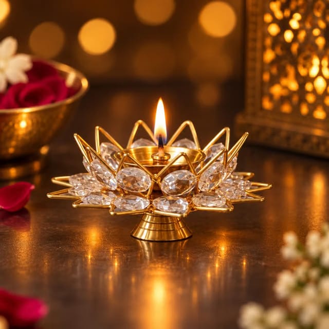 eCraftIndia Golden Lotus Shaped Crystal Brass Diya - Diwali Decoration Items for Home Decor- Gift for Diwali