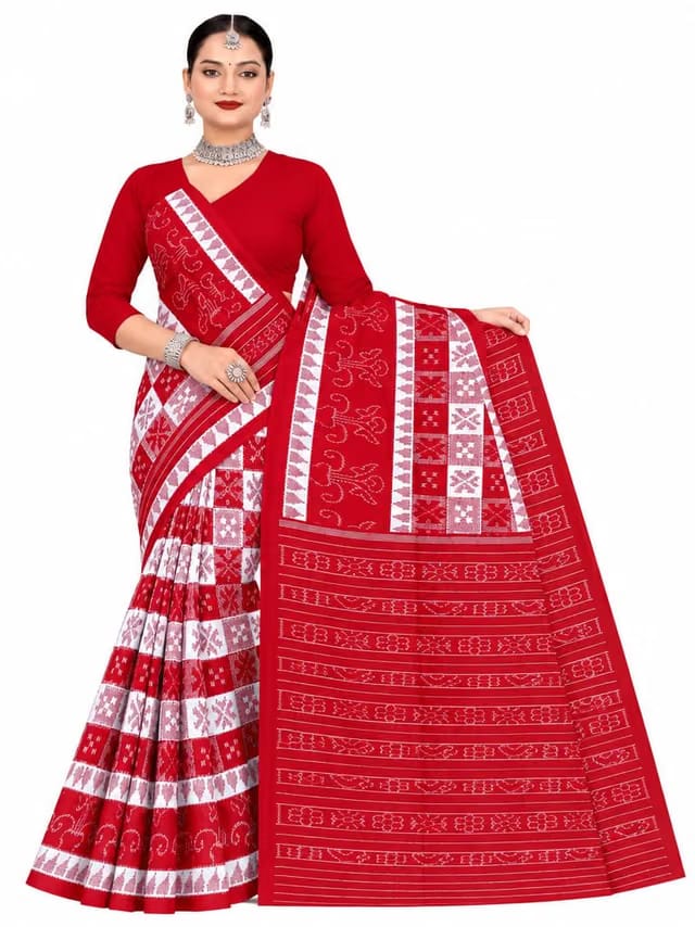 Sharla Sambalpuri Pasapalli Pure Cotton Saree Red & White