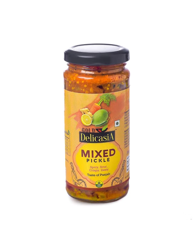 DELICASIA GOLD MIXED VEG PICKLE 250 gm BRAND OF SR's. INDIAN FLAVOR. NO ARTIFICIAL COLOR AND FLAVORS. GLUTEN FREE. 77