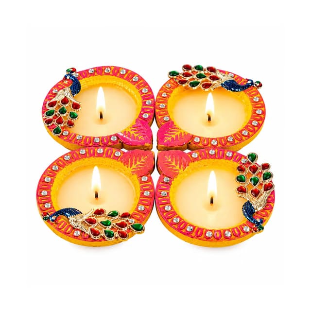Decorative Clay Fancy Diya with Wax and Metal Peacock (Set of 4) – Traditional Indian Diya for Diwali, Festivals