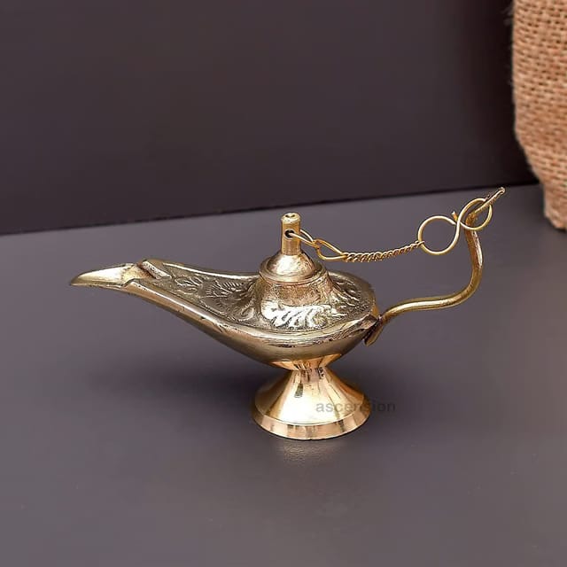 Ascension Brass Hand Crafted Metal Aladdin Chirag Lamp Home Decor Showpiece (Golden) (8X6cm)