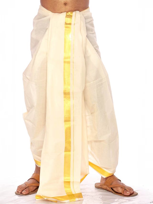 Exotic India Pure Cotton Off-White Kasavu Dhoti from Kerala with Wide Golden Woven Border