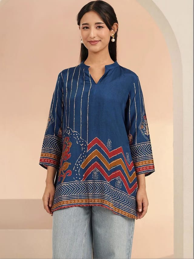 Libas Indigo Blue Ethnic Printed Muslin Straight Short Kurti