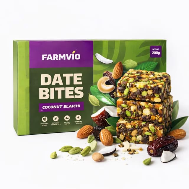 Farmvio Date Bites Coconut Elaichi (Khajur Barfi) - Sugar-Free, Handmade, No Artificial Flavors, Healthy Snack, 200g