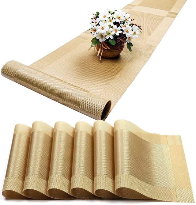 Table Mats Set of 6 for Kitchen Dining Table with Runner - Washable PVC Placemats - Woven Vinyl Placemat - Table Runner
