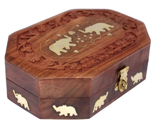 Handmade Wooden Jewellery Box Octagonal Handcrafted Elephant Brass Inlay & Wood Carvings
